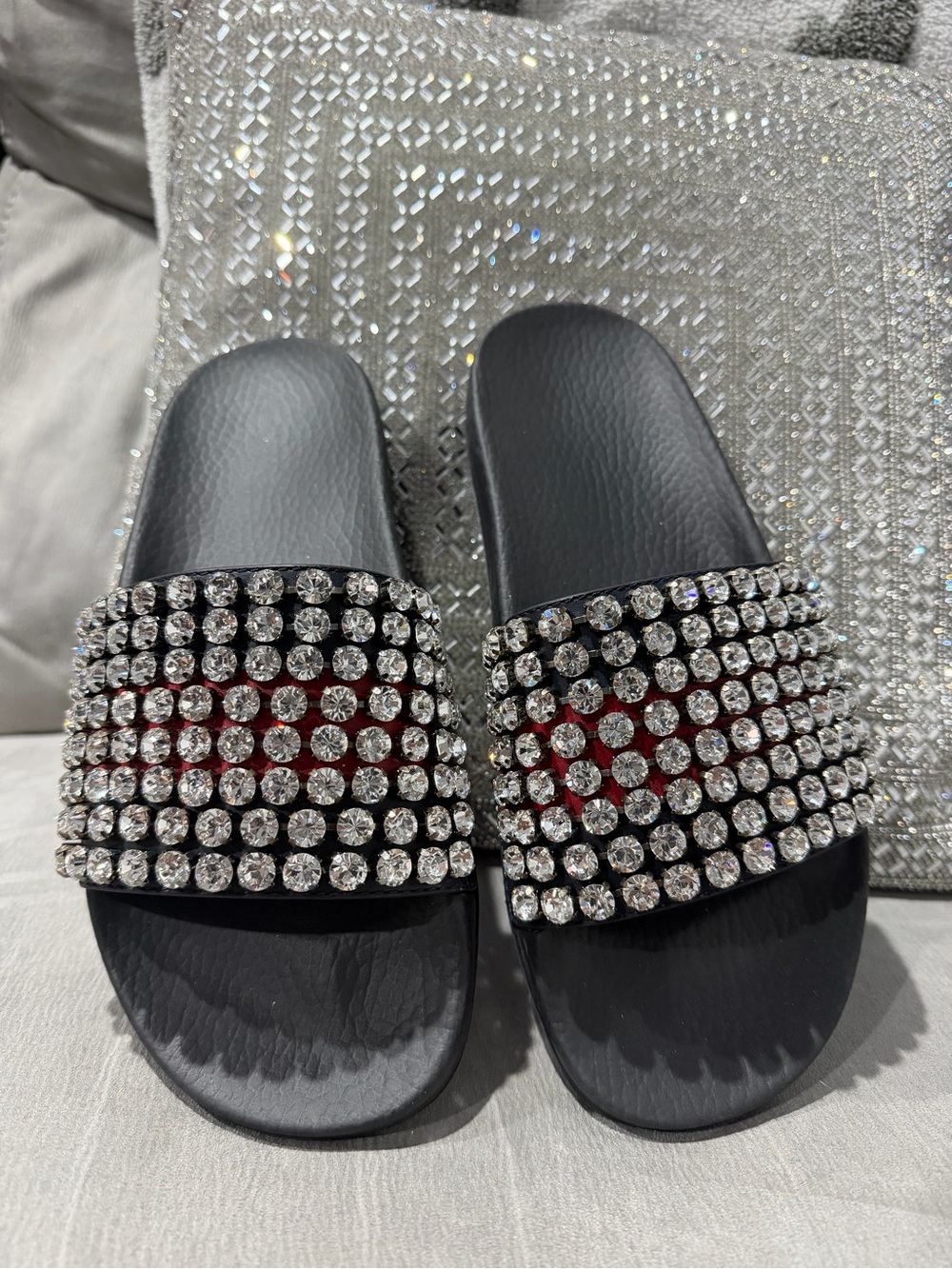 GUCCI Embellished Black Crystal Slide Sandals
